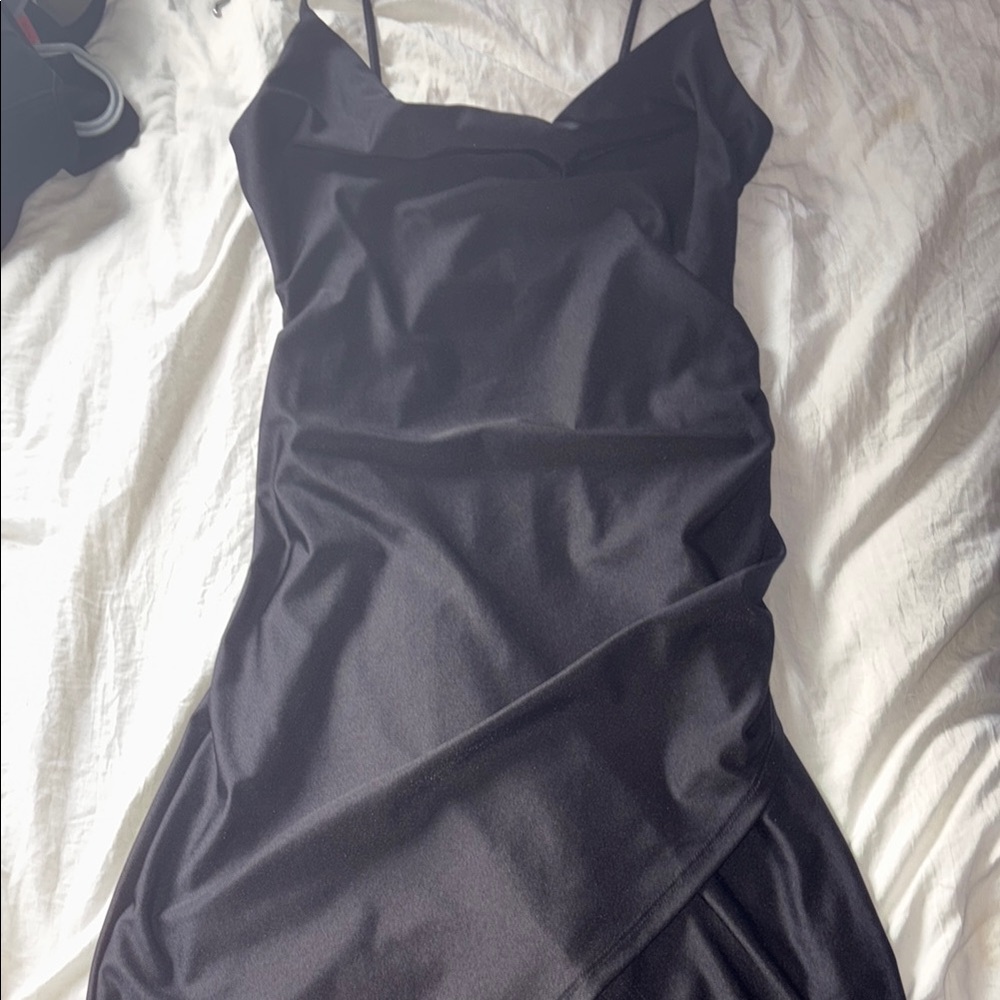 Black Satin Mini Slip Dress with Spaghetti Straps